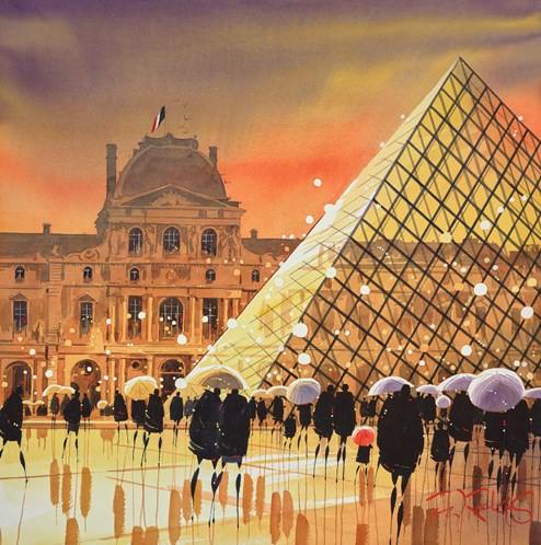 Louvre Reflections, Paris by Peter J Rodgers - Original Painting on Paper